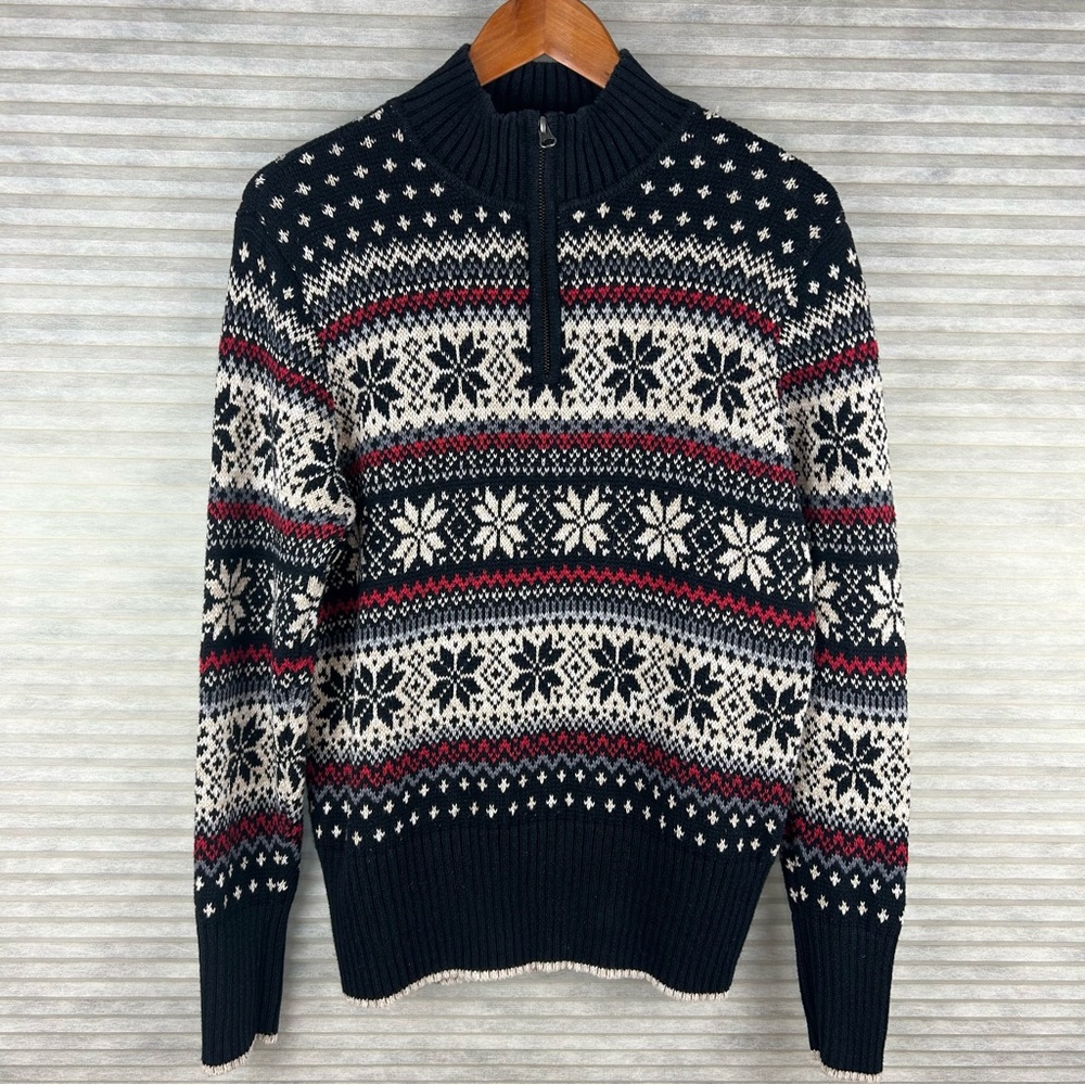 Nomadic Traders 1/4 Zip Fair Isle Nordic Snowflake Cotton Blend Sweater Outdoor